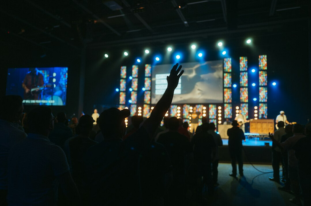 Modern television studio with large LED video wall and virtual set