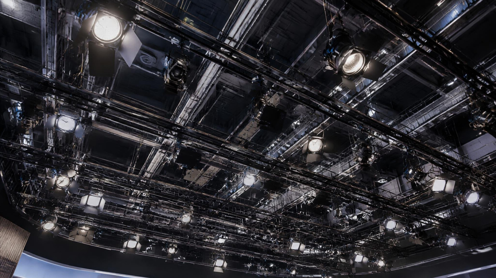 Television studio lighting rig suspended from a high ceiling grid