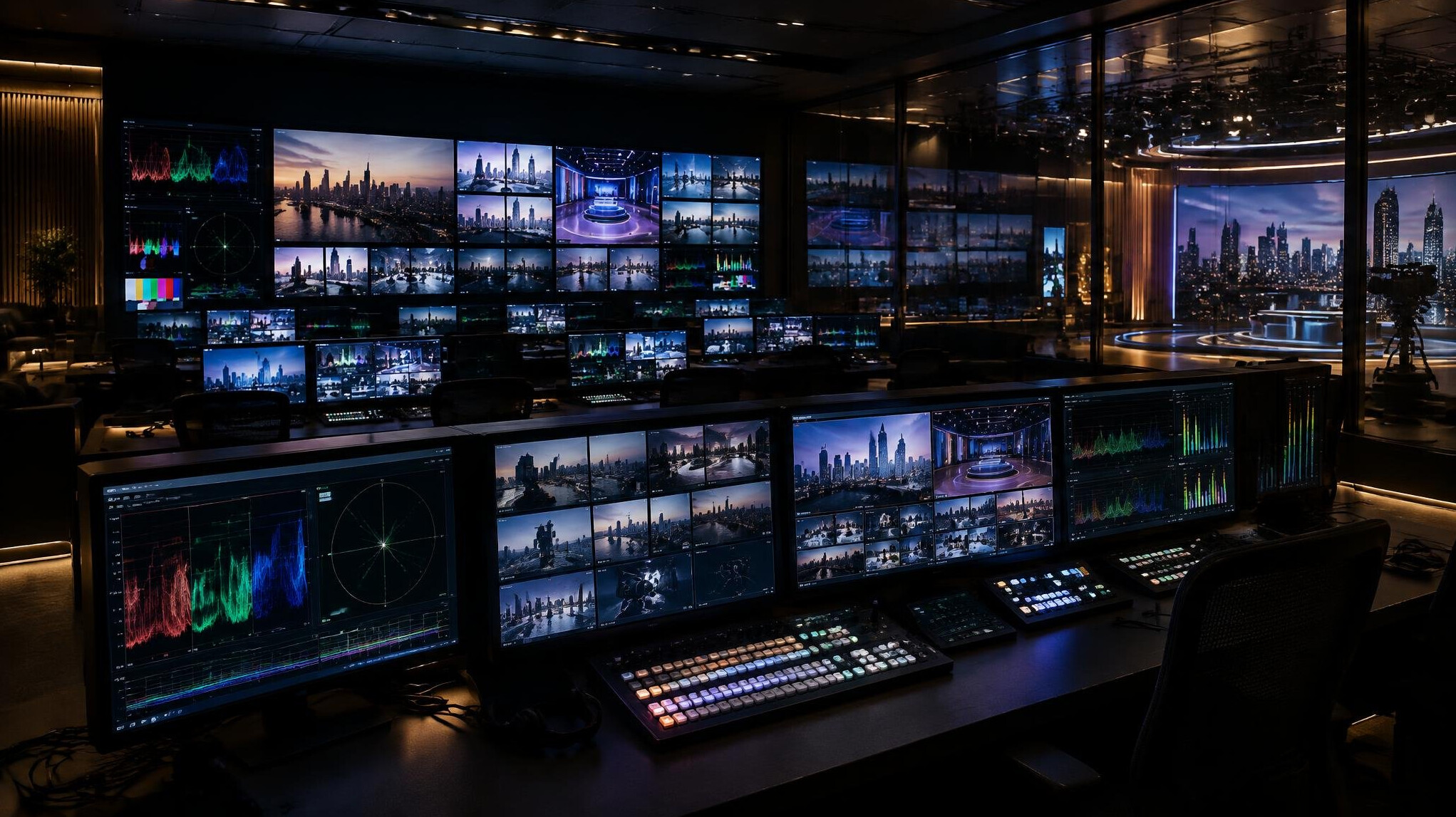 Wide view of a television broadcast control room with multiple monitors