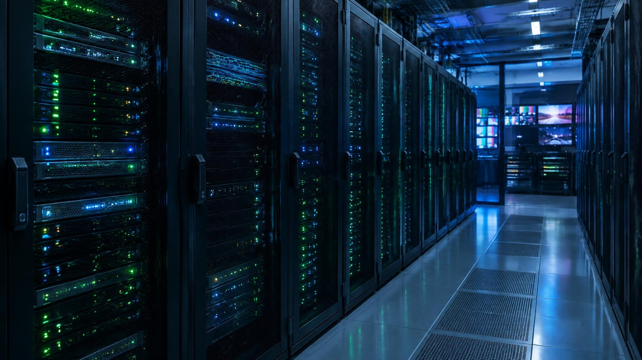 Rows of server racks with blinking lights in a broadcast data center