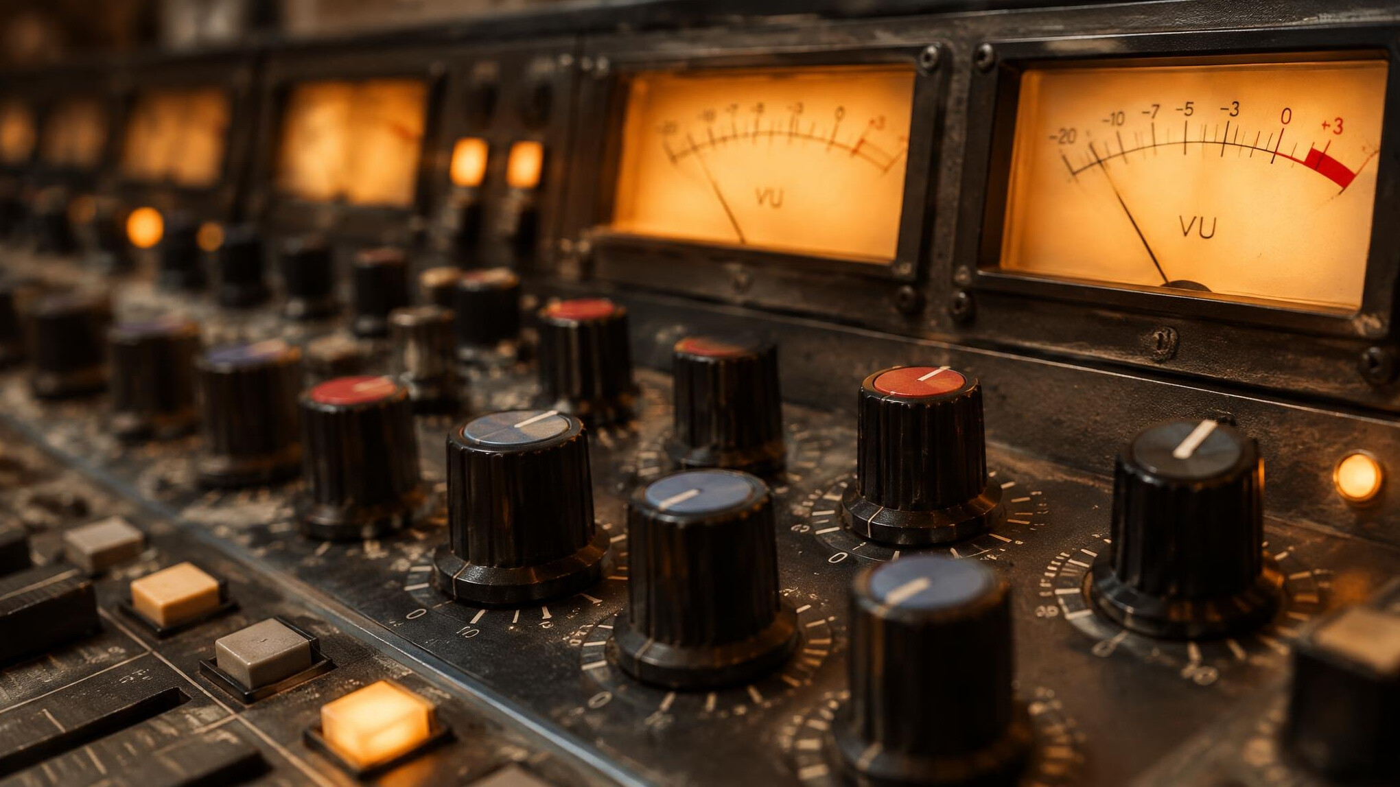 Close-up of vintage broadcast equipment knobs and dials