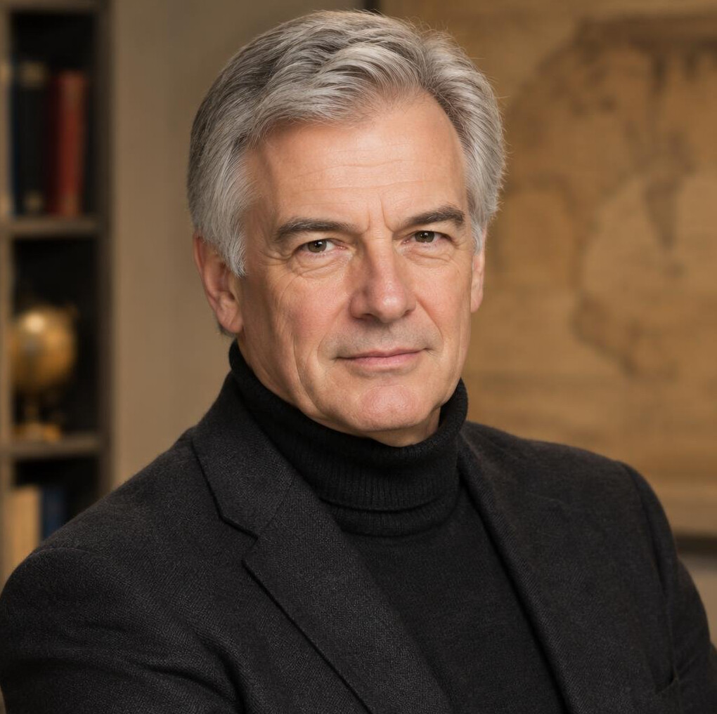 Studio portrait of an older man with grey hair and a turtleneck