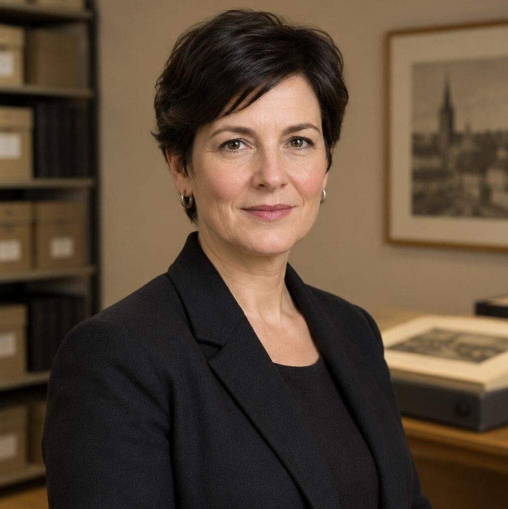 Studio portrait of a woman with short dark hair in smart attire